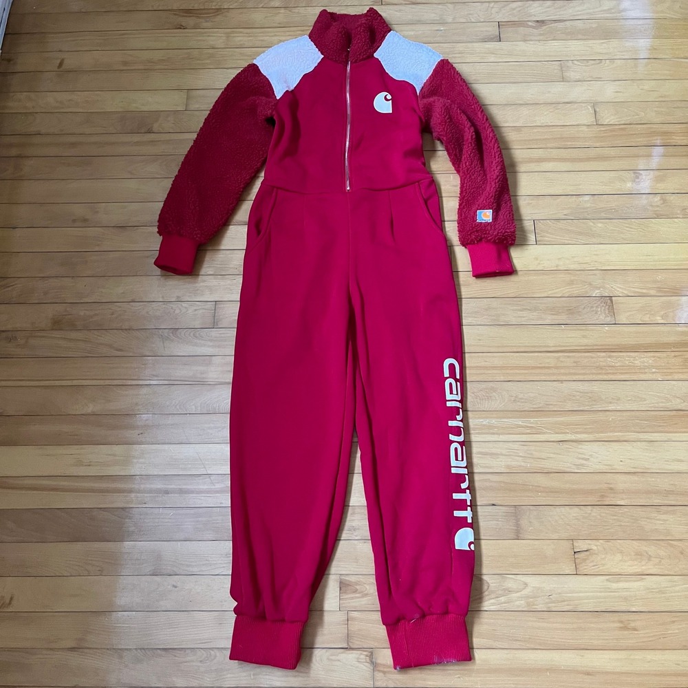 Carhartt Red Sherpa Fleece Jumpsuit Half Zip Coverall Streetwear Logo Mens